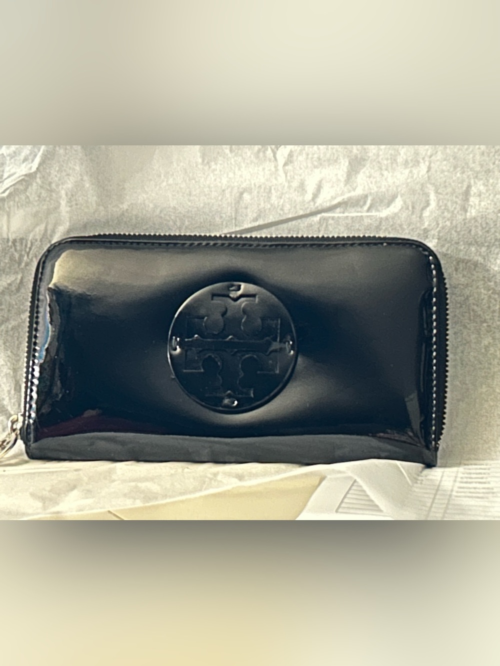 Tory Burch Black Patent Zip-Around Wallet with Logo Medallion
